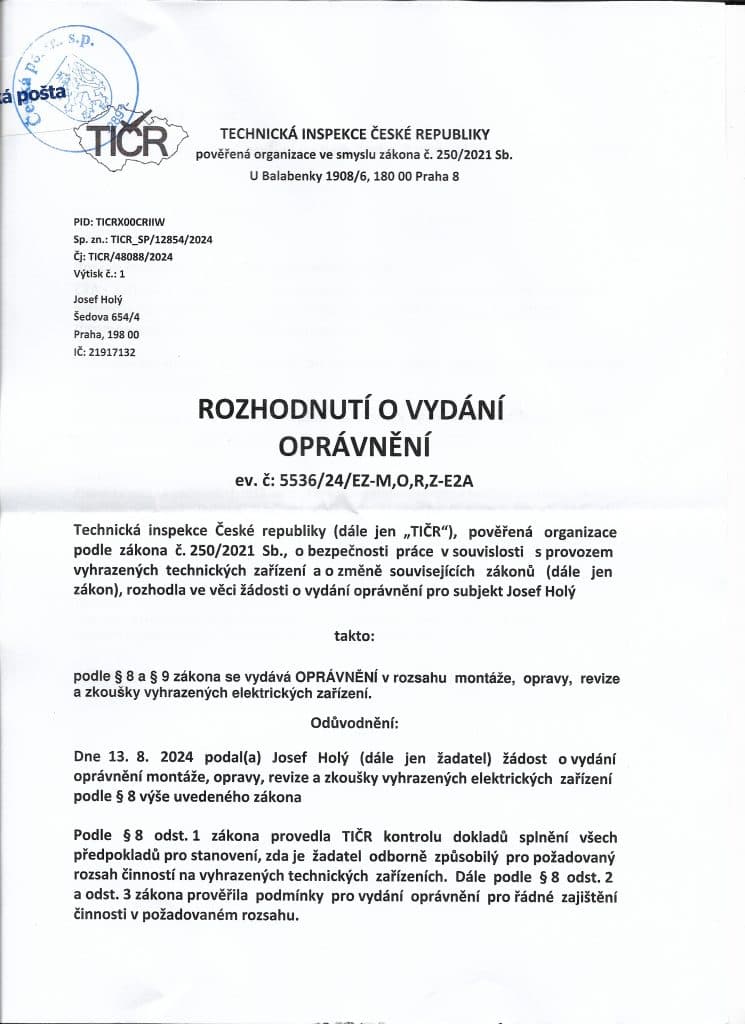 Rozhodnutí o vadání oprávnění - Revizní technik Josef Holý